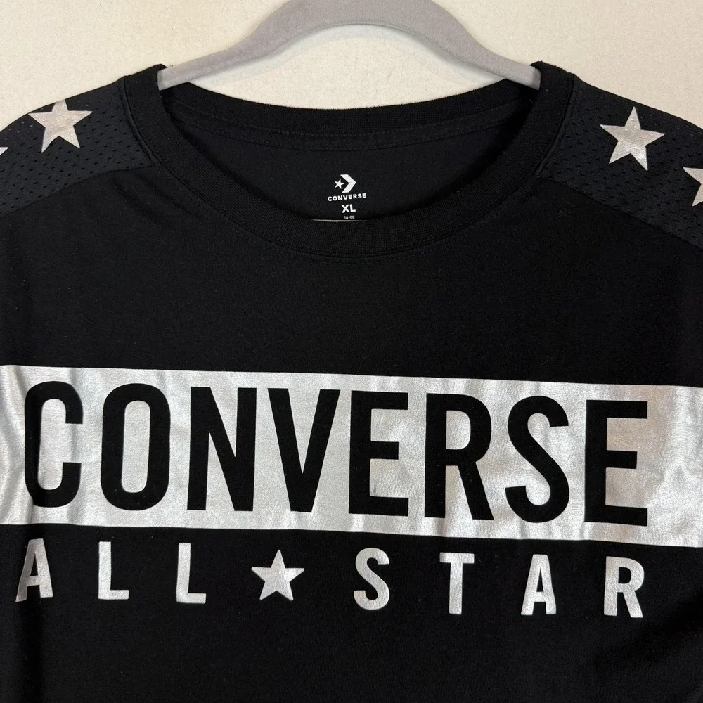 Converse Shirt Kids XL Black Metallic All Star Logo Sleeve Stars Tee Top